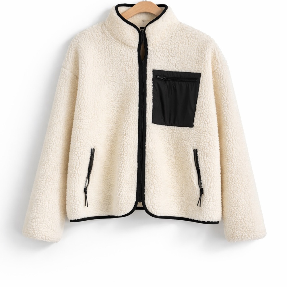 H&M Cream Teddy Jacket with Black Accents